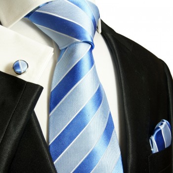 Blaues XL Krawatten Set 3tlg. (extra lange 165cm) 100% Seide + Einstecktuch + Manschettenknöpfe 763
