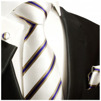 Krawatte blau weiss gestreift mit Einstecktuch und Manschettenknöpfe Seide 782