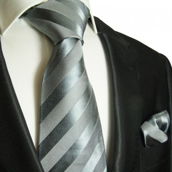 Silber graues extra langes XL Krawatten Set 2tlg. 100% Seidenkrawatte + Einstecktuch 811