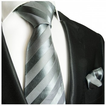 Krawatte grau silber gestreift Seide mit Einstecktuch
