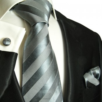 Silber graues XL Krawatten Set 3tlg. (extra lange 165cm) 100% Seide + Einstecktuch + Manschettenknöpfe 811