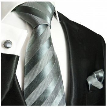 Krawatte grau silber gestreift Seide mit Einstecktuch und Manschettenknöpfe