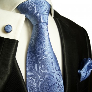 Blaues XL Krawatten Set 3tlg. (extra lange 165cm) 100% Seide + Einstecktuch + ManschettenknÃ¶pfe 818