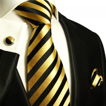 Gold schwarzes XL Krawatten Set 3tlg. (extra lange 165cm) 100% Seide + Einstecktuch + Manschettenknöpfe 830