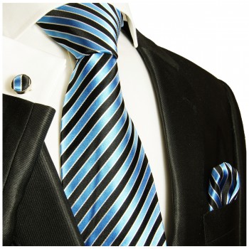 Krawatte türkis blau mit Einstecktuch und Manschettenknöpfen gestreift Seide 831