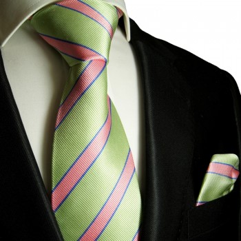 Grün pinkes extra langes XL Krawatten Set 2tlg. 100% Seidenkrawatte + Einstecktuch by Paul Malone 844