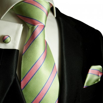 Grün pinkes XL Krawatten Set 3tlg. (extra lange 165cm) 100% Seide + Einstecktuch + Manschettenknöpfe 844