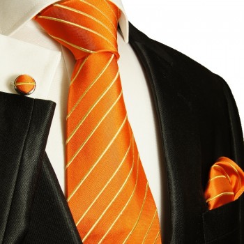 Oranges XL Krawatten Set 3tlg. (extra lange 165cm) 100% Seide + Einstecktuch + Manschettenknöpfe 884