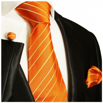 Krawatte orange gold gestreift mit Einstecktuch und Manschettenknöpfe