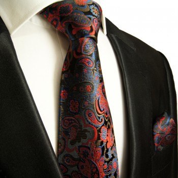 Schwarz rotes extra langes XL Krawatten Set 2tlg. 100% Seidenkrawatte + Einstecktuch by Paul Malone 885