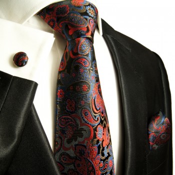 Schwarz rotes XL Krawatten Set 3tlg. (extra lange 165cm) 100% Seide + Einstecktuch + Manschettenknöpfe 885