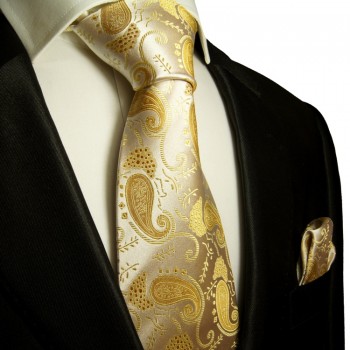 Ivory goldenes extra langes XL Krawatten Set 2tlg. 100% Seidenkrawatte + Einstecktuch by Paul Malone 886