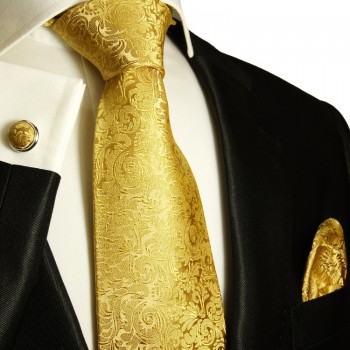 Goldenes XL Krawatten Set 3tlg. (extra lange 165cm) 100% Seide + Einstecktuch + Manschettenknöpfe 902