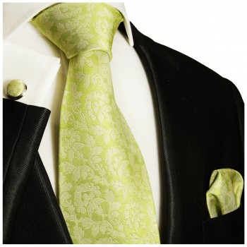 Krawatte grün floral mit Einstecktuch und Manschettenknöpfe