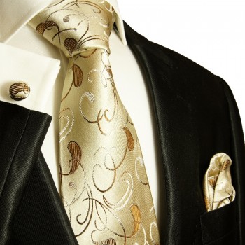 Braunes XL Krawatten Set 3tlg. (extra lange 165cm) 100% Seide + Einstecktuch + Manschettenknöpfe 915