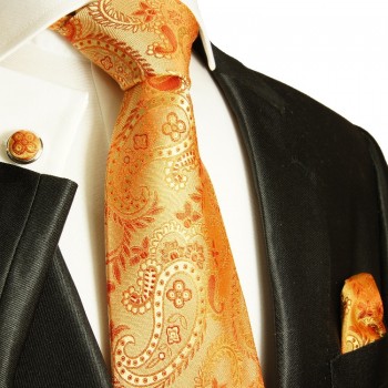 Orange XL Krawatten Set 3tlg. (extra lange 165cm) 100% Seide + Einstecktuch + Manschettenknöpfe 916