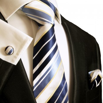Blaues XL Krawatten Set 3tlg. (extra lange 165cm) 100% Seide + Einstecktuch + Manschettenknöpfe 924