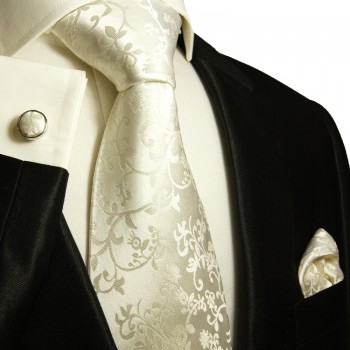 Ivory XL Krawatten Set 3tlg. (extra lange 165cm) 100% Seide + Einstecktuch + Manschettenknöpfe 930