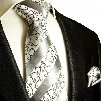 Silbernes extra langes XL Krawatten Set 2tlg. 100% Seidenkrawatte + Einstecktuch by Paul Malone 932