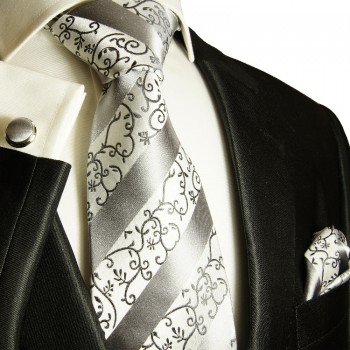 Silbernes XL Krawatten Set 3tlg. (extra lange 165cm) 100% Seide + Einstecktuch + Manschettenknöpfe 932