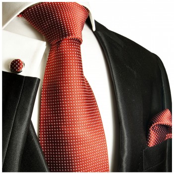Krawatte rot gepunktet Seide mit Einstecktuch und Manschettenknöpfe