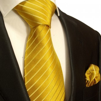 Goldenes langes XL Krawatten Set 2tlg. 100% Seidenkrawatte + Einstecktuch 940