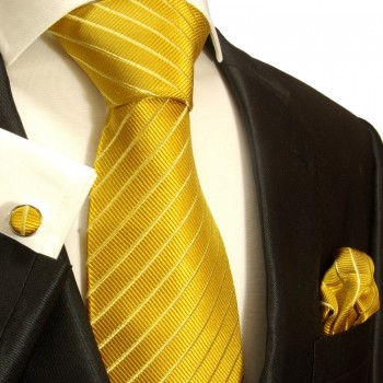 Goldenes XL Krawatten Set 3tlg. (extra lange 165cm) 100% Seide + Einstecktuch + Manschettenknöpfe 940