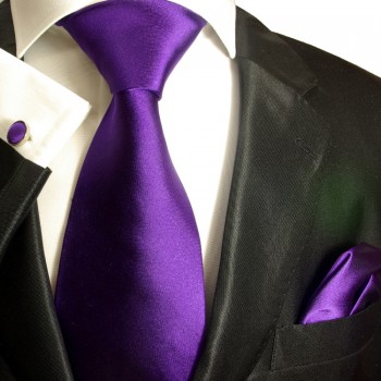 Lila violettes XL Krawatten Set 3tlg. (extra lange 165cm) 100% Seide + Einstecktuch + Manschettenknöpfe 941