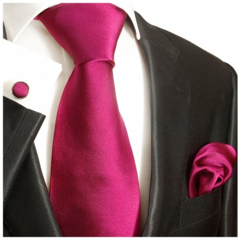 Krawatte pink beere uni satin mit Einstecktuch und Manschettenknöpfe
