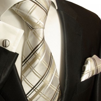 Ivory braunes XL Krawatten Set 3tlg. (extra lange 165cm) 100% Seide + Einstecktuch + Manschettenknöpfe 943