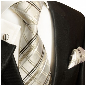Extra lange Krawatte 165cm - Krawatte ivory braun Schottenmuster
