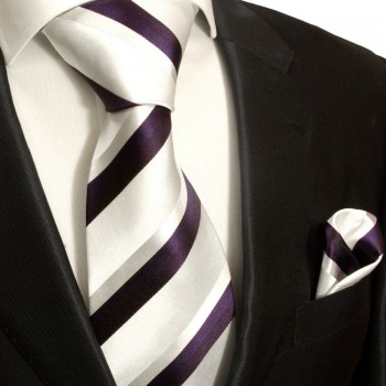 Weiß lilanes extra langes XL Krawatten Set 2tlg. 100% Seidenkrawatte + Einstecktuch by Paul Malone 944