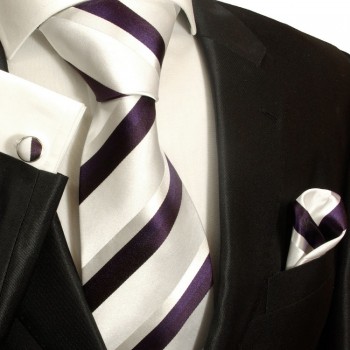 Weiss silber lila XL Krawatten Set 3tlg. (extra lange 165cm) 100% Seide + Einstecktuch + Manschettenknöpfe 944