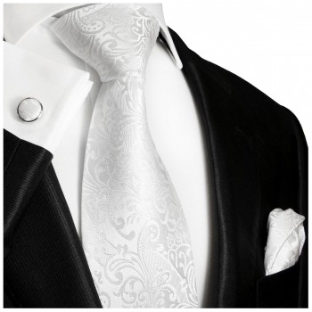 Weisses XL Krawatten Set 3tlg. (extra lange 165cm) 100% Seide + Einstecktuch + Manschettenknöpfe 946