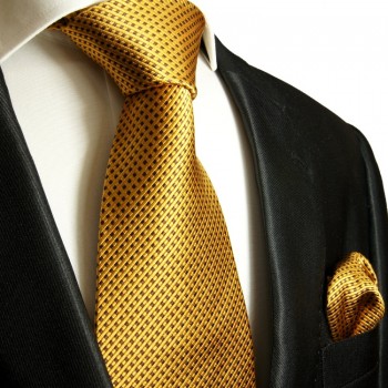 Gold braunes langes XL Krawatten Set 2tlg. 100% Seidenkrawatte + Einstecktuch 949