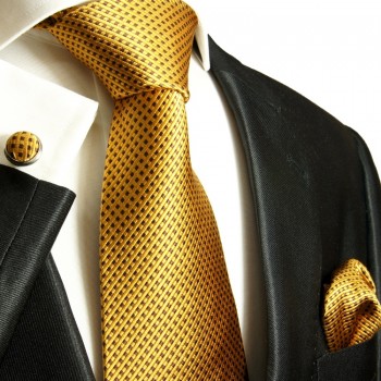 Gold braunes XL Krawatten Set 3tlg. (extra lange 165cm) 100% Seide + Einstecktuch + Manschettenknöpfe 949