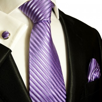 Flieder XL Krawatten Set 3tlg. (extra lange 165cm) 100% Seide + Einstecktuch + Manschettenknöpfe 951