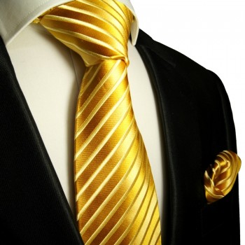 Goldenes extra langes XL Krawatten Set 2tlg. 100% Seidenkrawatte + Einstecktuch by Paul Malone 953
