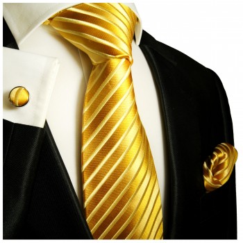 Goldenes XL Krawatten Set 3tlg. (extra lange 165cm) 100% Seide + Einstecktuch + Manschettenknöpfe 953