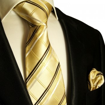 Goldenes extra langes XL Krawatten Set 2tlg. 100% Seidenkrawatte + Einstecktuch by Paul Malone 970
