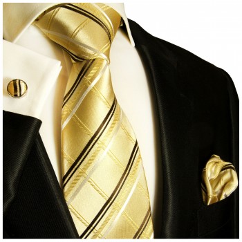 Krawatte gold braun mit Einstecktuch und Manschettenknöpfe