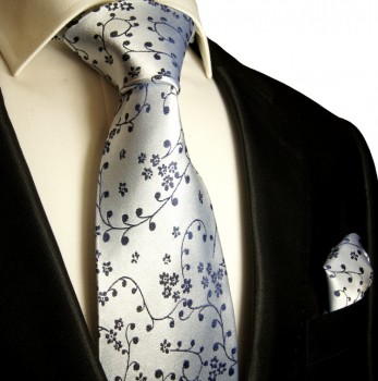 Silber blaues extra langes XL Krawatten Set 2tlg. 100% Seidenkrawatte + Einstecktuch by Paul Malone 974