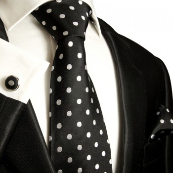 Schwarzes XL Krawatten Set 3tlg. (extra lange 165cm) 100% Seide + Einstecktuch + Manschettenknöpfe 976