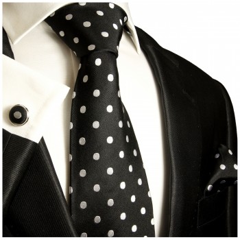 Krawatte schwarz silber gepunktet Seide mit Einstecktuch und Manschettenknöpfe
