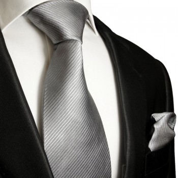 Silber graues extra langes XL Krawatten Set 2tlg. 100% Seidenkrawatte + Einstecktuch by Paul Malone 977