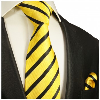 Gelb schwarzes Krawatten Set 2tlg Seidenkrawatte + Einstecktuch 979