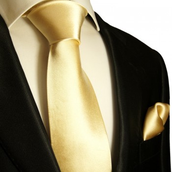 Gold sandfarbenes extra langes XL Krawatten Set 2tlg. 100% Seidenkrawatte + Einstecktuch 980