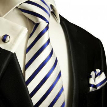 Blaues XL Krawatten Set 3tlg. (extra lange 165cm) 100% Seide + Einstecktuch + Manschettenknöpfe 985