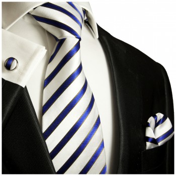 Krawatte blau weiss gestreift mit Einstecktuch und Manschettenknöpfe Seide 985