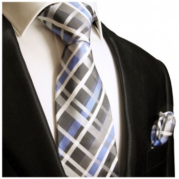 Krawatte blau Schottenmuster Seide mit Einstecktuch 991